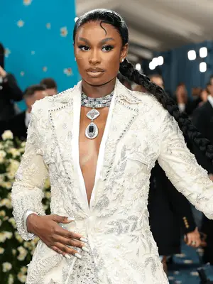 Cooc Jones at the 2025 met gala wearing sleek long braided ponytail