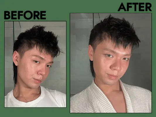 collage of byrdie editor before and after applying milani skin stick