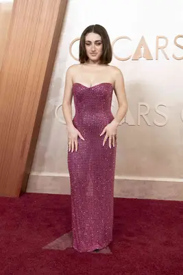 Rachel Sennott wears a sheer pink gown with rhinestones to the 2025 Oscars