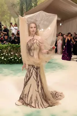 Lana Del Rey wears a beige tulle gown with sculptural headpiece and veil to the 2024 Met Gala