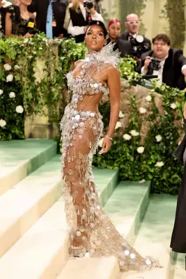 Janelle Monae wears a sheer gown with discs and dripping gems at the 2024 Met Gala