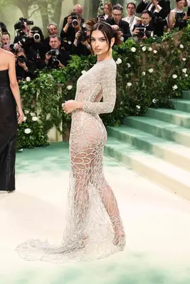 Emily Ratajkowski wears a sheer gown with floral embroidery to the 2024 Met Gala