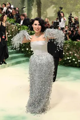 Raye wears a silver gown with 3D embroidered gloves and skirt to the 2024 Met Gala