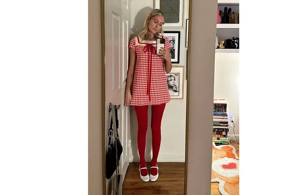 writer wearing calzedonia tights in red