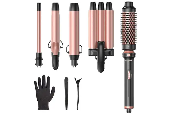 Wavytalk 5 in 1 Curling Wand Set, Dual Voltage Curling Iron Set with 5 Interchangeable Barrels Included A Thermal Brush, A Hair Crimper and 3 Ceramic Curling Wands(0.5