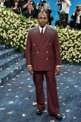 Pusha T wears a burgundy suit with crystal embellishments to the 2025 Met Gala