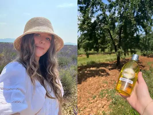 collage of woman in sunhat at lavender fields and almond fields