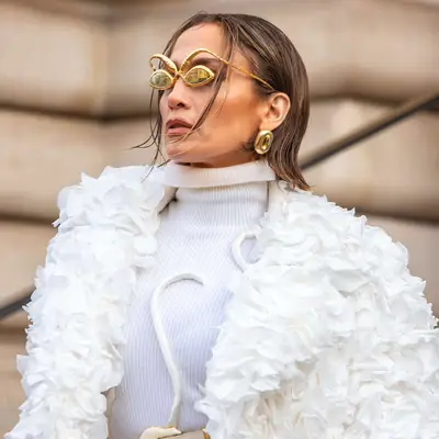 Jennifer Lopez at the Schiaparelli Haute Couture Show with a wet-styled flippy bob