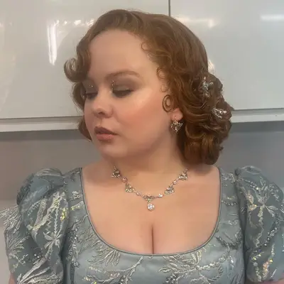 Nicola Coughlan getting her makeup done for 