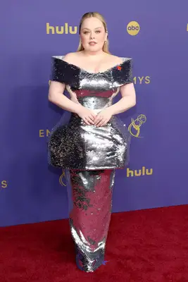 Nicola Coughlan wears a structured silver gown to the 2024 Emmy Awards