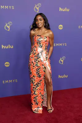Ayo Edebiri wears a black and red Bottega Veneta gown to the 2024 Emmy Awards