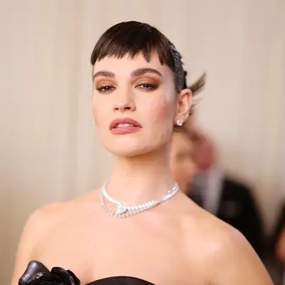 Lily James on the 2023 Met Gala Red Carpet, viewed up close
