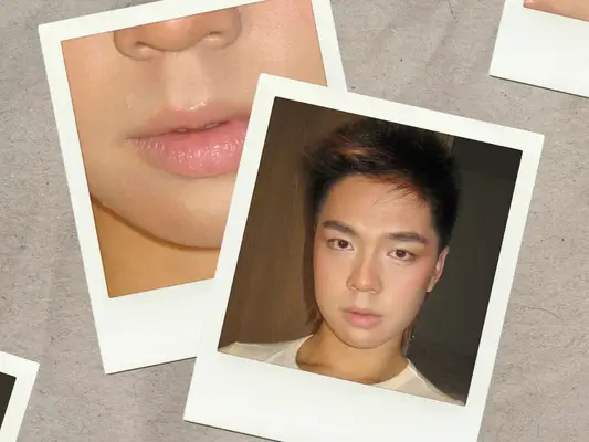 Close ups of a male model wearing the passport photo makeup trend framed in polaroid films borders.