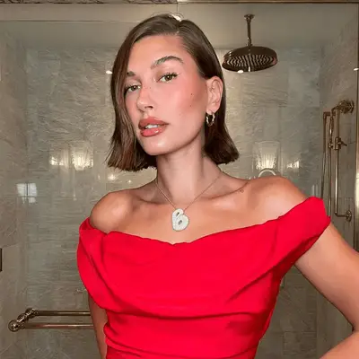 Hailey Bieber with strawberry makeup