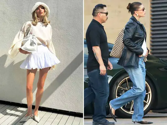 Hailey Bieber and Elsa Hosk wearing kitten heels in street style