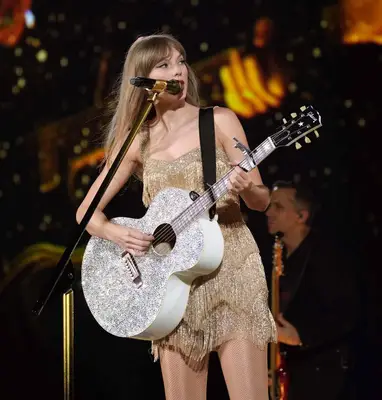 Taylor Swift performing during her Eras tour in 2023.