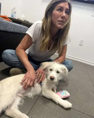 Jennifer Aniston pets a dog while showing off her sheer pink nail polish.