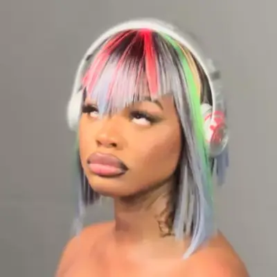 JT from the city girls with a multi colored hairstyle resembling cable wires