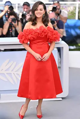 Selena Gomez wearing a red dress at Cannes