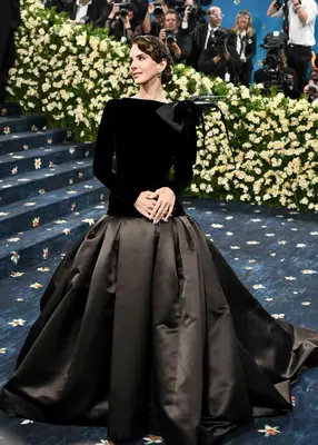 Lana Del Rey shows off her gold alligator hair pin during the 2025 Met Gala red carpet.