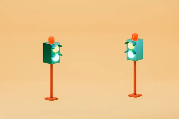 Two Green Traffic Light with light on in Orange background, 3d render