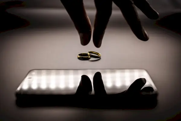 hand leaving alliance next to another alliance, concept of betrayal in the relationship. Infidelity or separation.