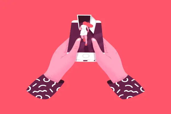 Hands holding smartphone with woman running away