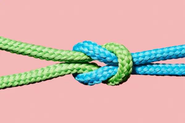 Two coloured ropes knotted together