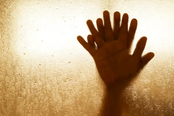 two male and female Couple lovers holding hands having sex inside showers bathroom mirror with a steamy window. soft focus. Leave copy space empty to write text on the side.