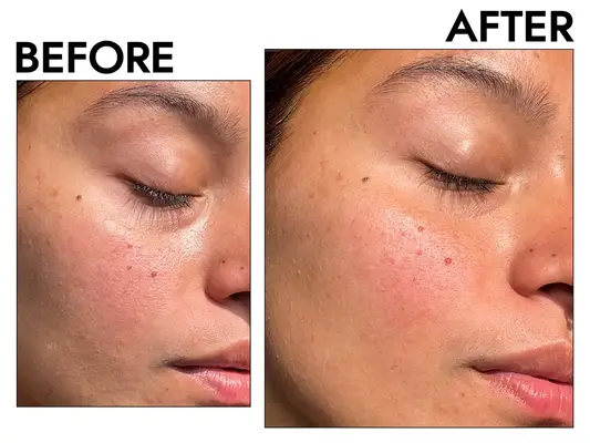 A collage of a tester holding a razor in the left photo and a tester using a razor on her face in the right photo