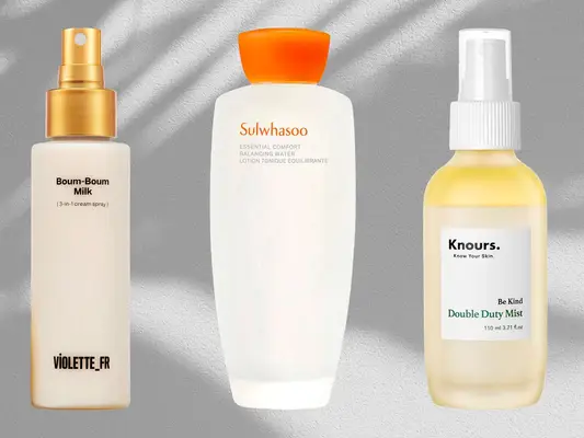 A variety of recommended toners for sensitive skin against a gray background, including products by Violette_FR, Sulwhasoo, and Knours