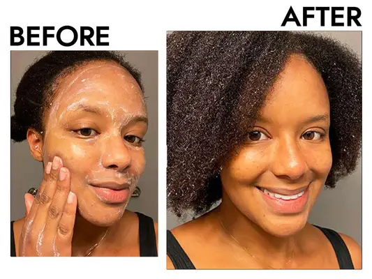 A before & after of a tester using the Dermalogica Daily Microfoliant