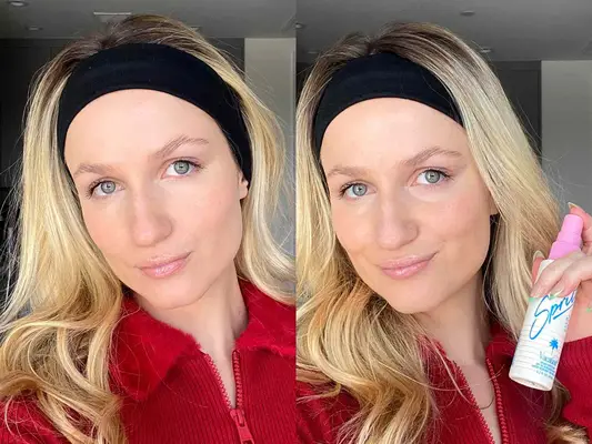 A person before applying Vacation Super Spritz SPF 50 next to a person holding up a bottle of Vacation Super Spritz SPF 50