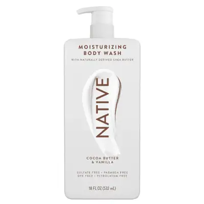 White Native body wash bottle with brown label