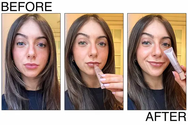 Person Before During and After Applying Olehenriksen Pout Preserve Hydrating Peptide Lip Treatment