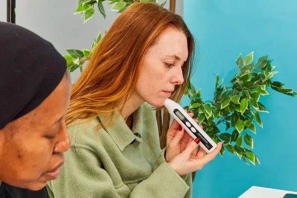 Hand holding digital skin moisture meter up to face