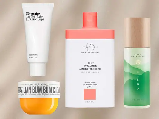 Collage of body lotions for dry skin including Tatcha Cedar & Hinoki Body Milk and Nécessaire