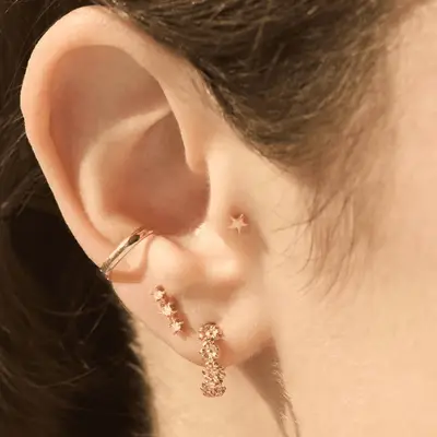 Close up of an ear with lower lobe piercings, including a few hoops and whimsical studs.