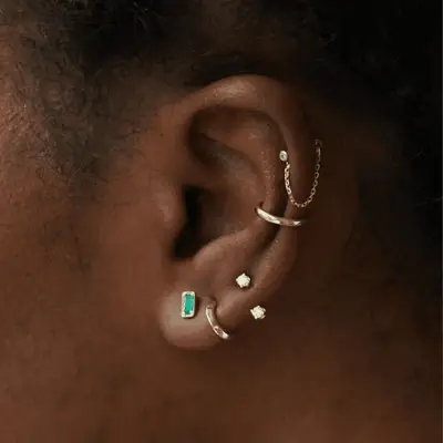 Close up of an ear with gold hoops, studs, and an emerald stud.