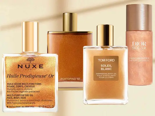 A collage of four shimmer body oils from brands including Nuxe, Victoria Beckham, Tom Ford and Dior