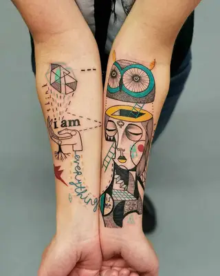 Graphic tattoo with human figure, geometrics, hand, and words 
