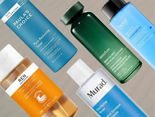 Collage of Toners for Combination Skin on a beige background, including REN Clean Skincare, Paula