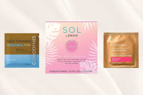 A collage of tanning wipes and towelettes from brands Comodynes, Jergens, and Dr. Dennis Gross
