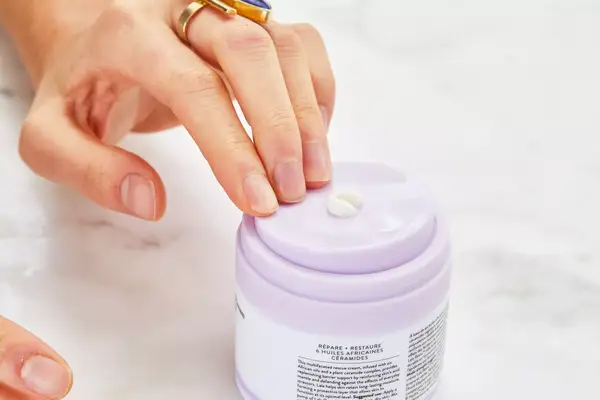 Photos of person’s face before and after using Eadem Cloud Cushion Plush Moisturizer