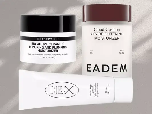 A collage of popular ceramide moisturizers including picks from the Inkey List, Eadem, and Dieux