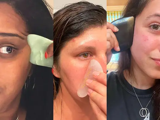 A collage of three testers using gua sha tools on their faces from brands Daily Concepts, Pink Moon, and Wildling
