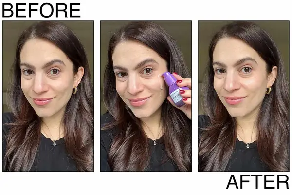 A person applying Glow Recipe Blackberry Retinol Blemish Serum to their cheek, A person after applying the Glow Recipe Blackberry Retinol Blemish Serum to their face