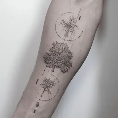 Forearm tattoo depicting each stage of a tree