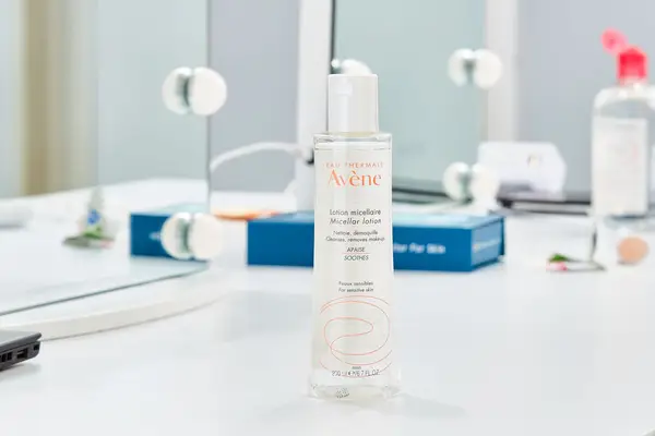 Avene Eau Thermal Micellar Lotion Cleansing Water Make-up Remover displayed on a white table