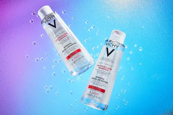Vichy Pureté Thermale Mineral Micellar Water displayed on a colorful surface